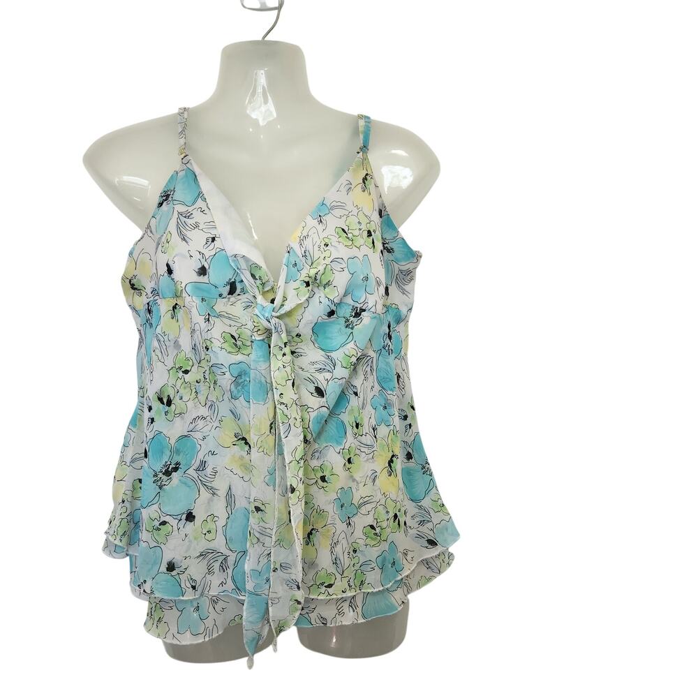 Vintage B. Moss Blue Green Floral Print Tie-Front Tiered Cami Tank Top Size XL